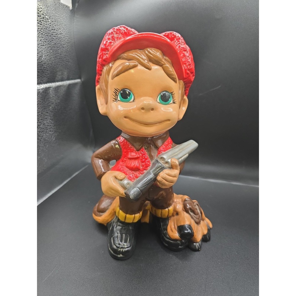 Vintage Atlantic Mold Ceramic Smiling Boy Hunter and Dog Statue Hand Painted